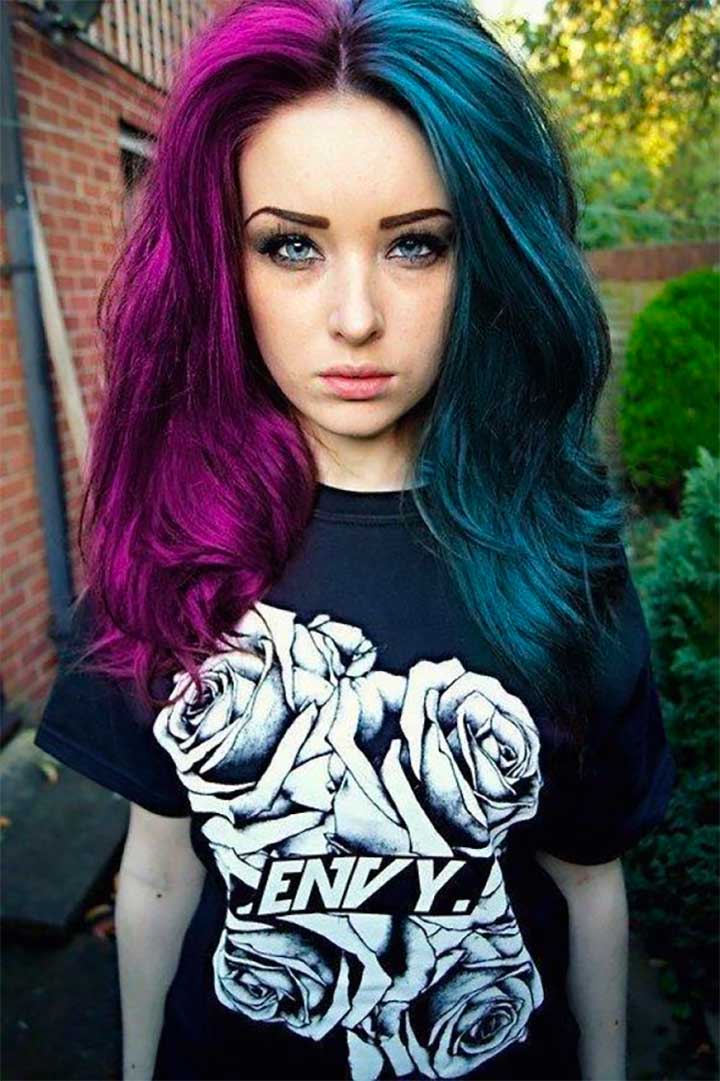 half teal and half purple hair